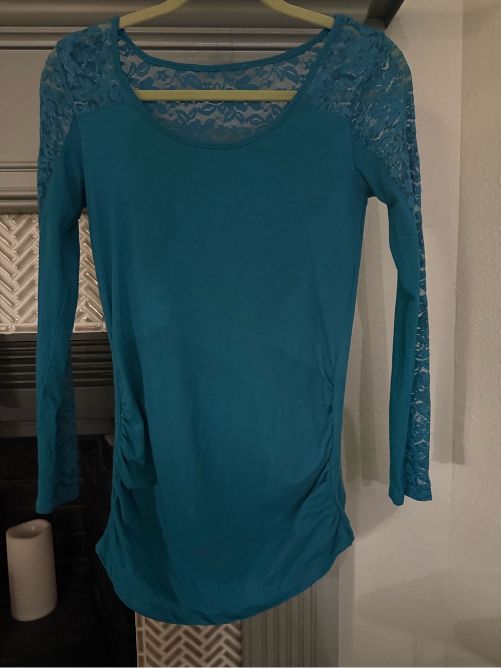 Long Sleeve Teal Lace-Shoulder Scoop Neck Top